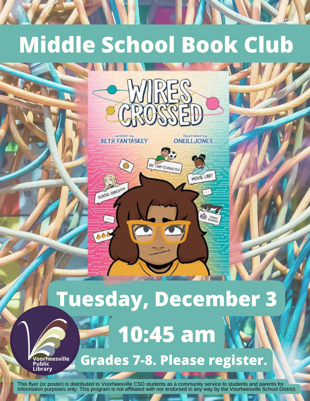 Middle School Book Club book cover with wires in the background