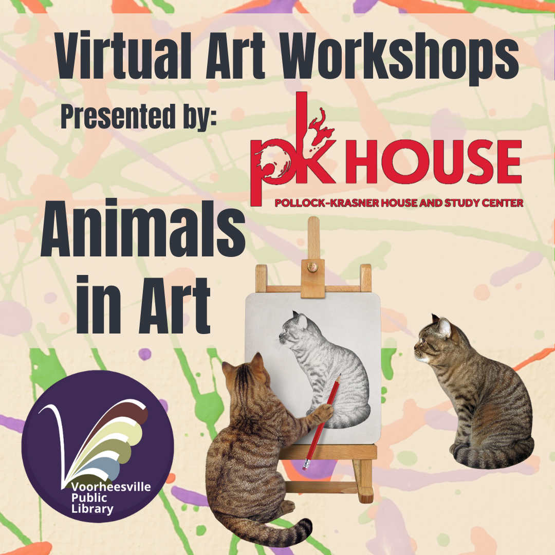 A cat posing and the same cat creating a line drawing on a canvas for the Animals in Art Virtual Art Program