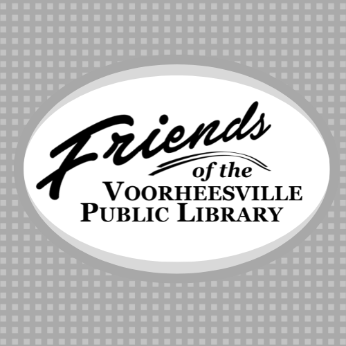 grey background and white circle with text "friends of the voorheesville public library"