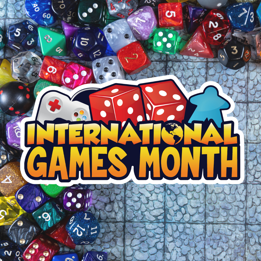 International Games Month logo with game pieces in the background