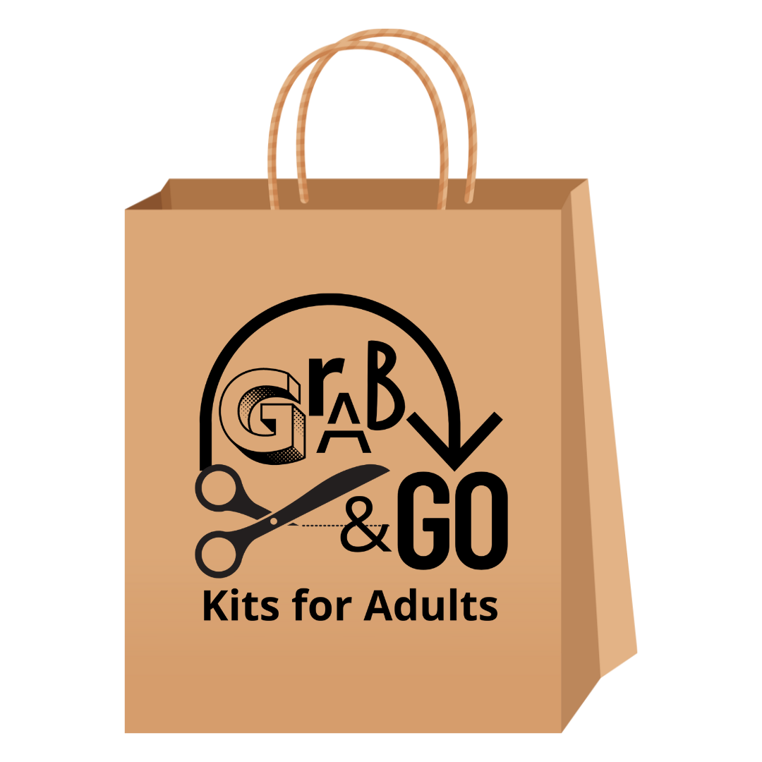 Paper bag with words Grab and Go Kits for Adults