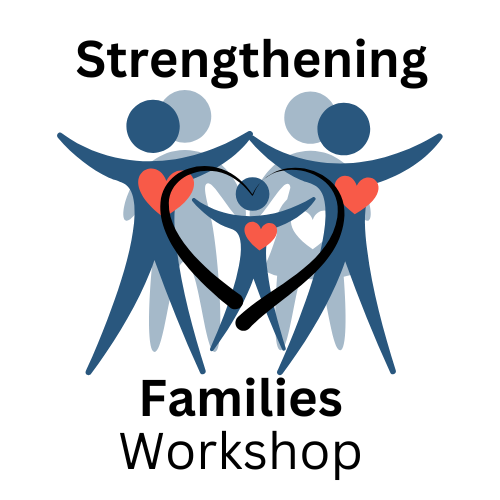 Overlaping people with heart including words, Strengthening Families Workshop