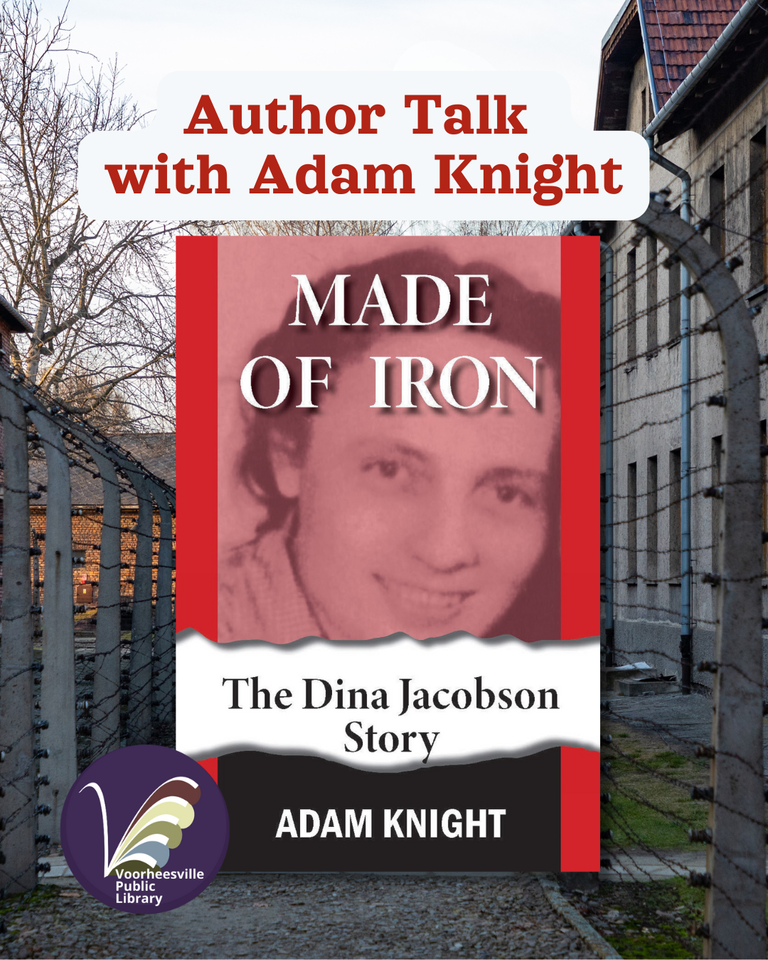 Book cover with Dina Jacobson photo with Concentration Camp photo in the background