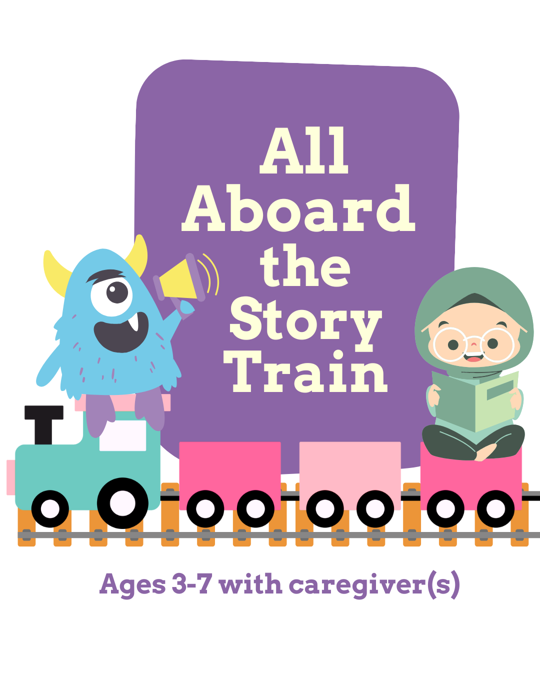 monster announces the All Aboard Story Train with a child dressed up in a costume sits on a train