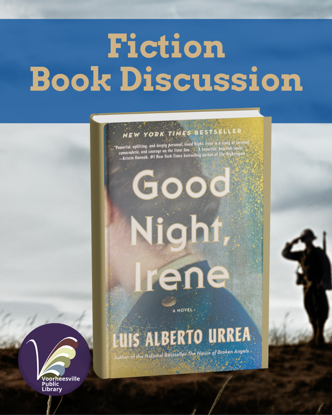 Good Night Irene, fiction book discussion selection with ww 2 soldier int he background