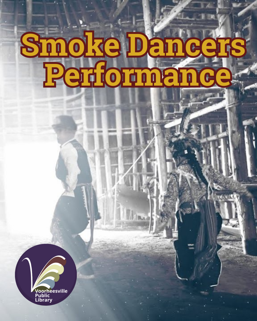 Smoke Dancers Performance with two people dancing in a smoky background in a longhouse