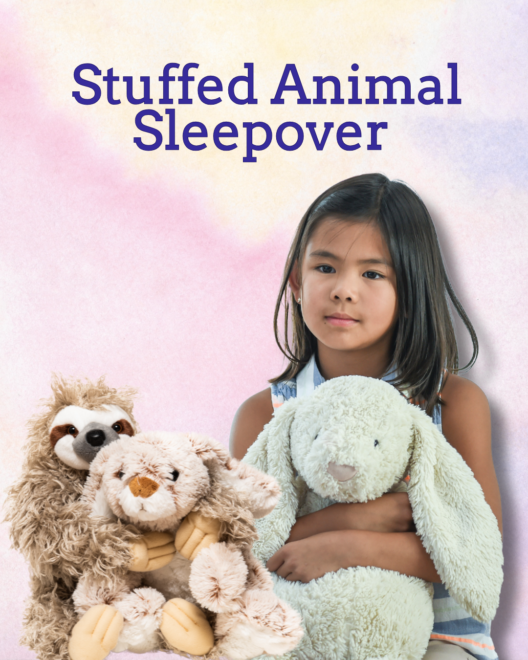 Young child holding a stuffie alongside two other well loved stuffed friends.