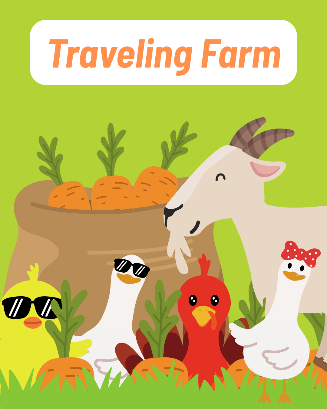 Chicks, geese, a turkey and a goat. Some wearing sunglasses.