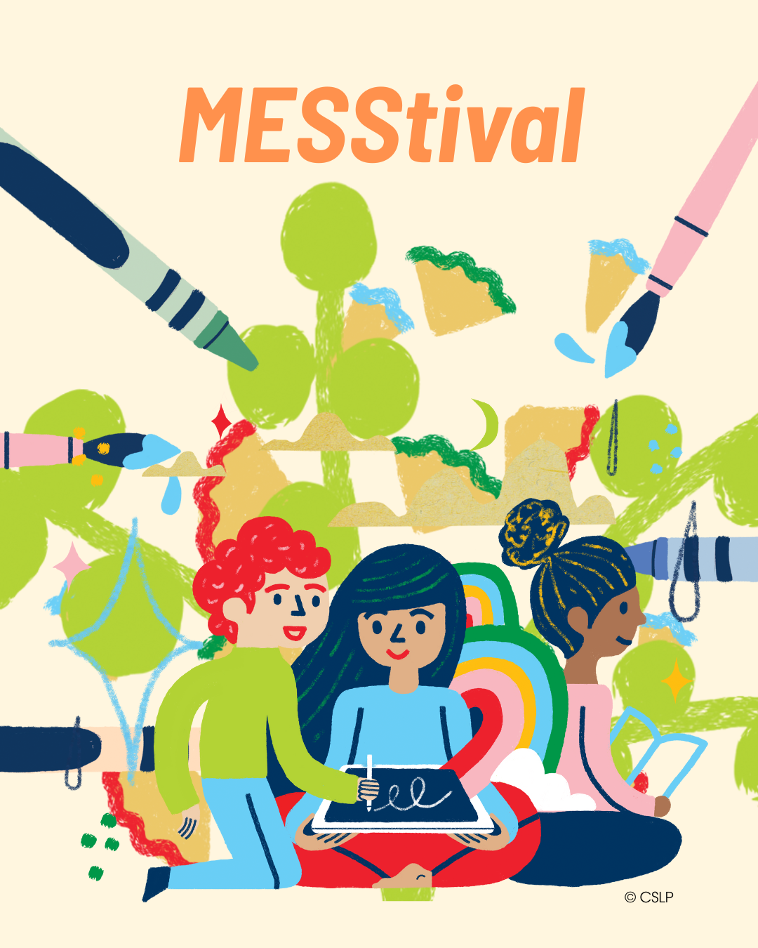 Three students sitting together with a messy background of plants and crayons