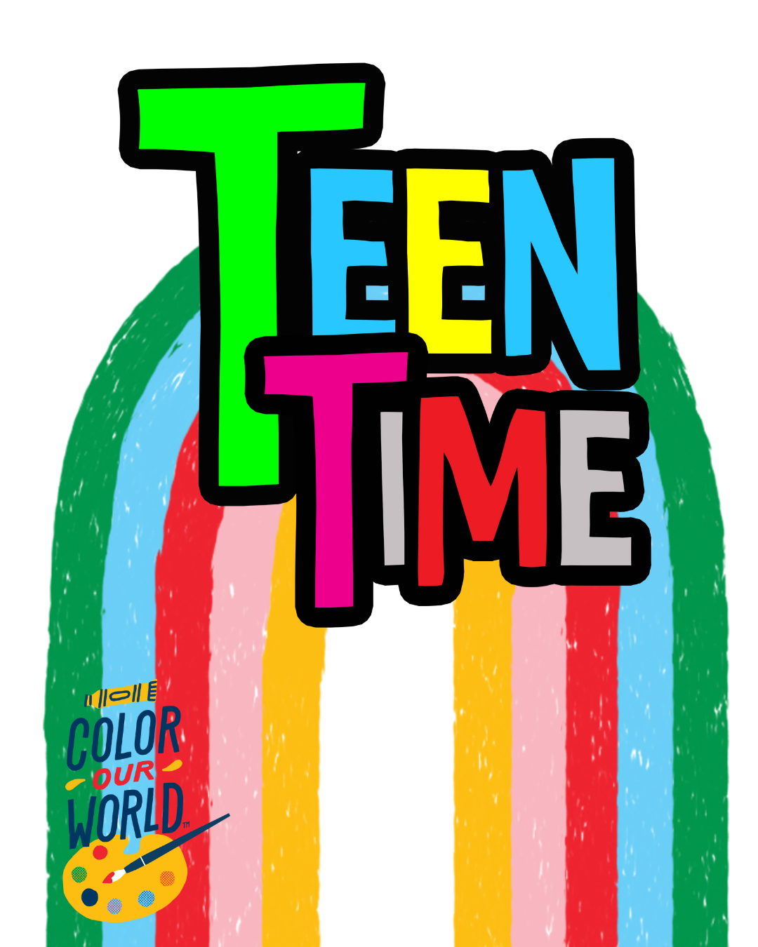 teen time with a rainbow in the background