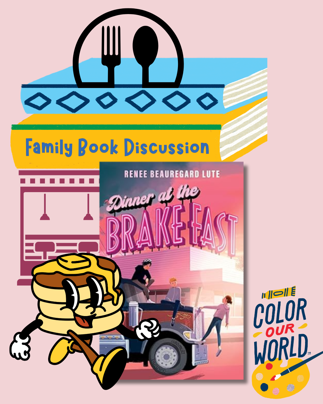 Diner inspired images including a retro pancake guy.