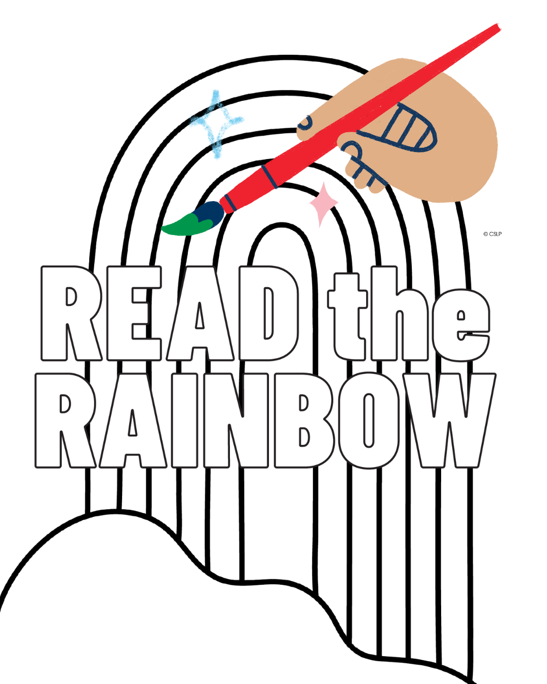 Black line drawing of a rainbow with a brightly colored paintbrush dripping green paint
