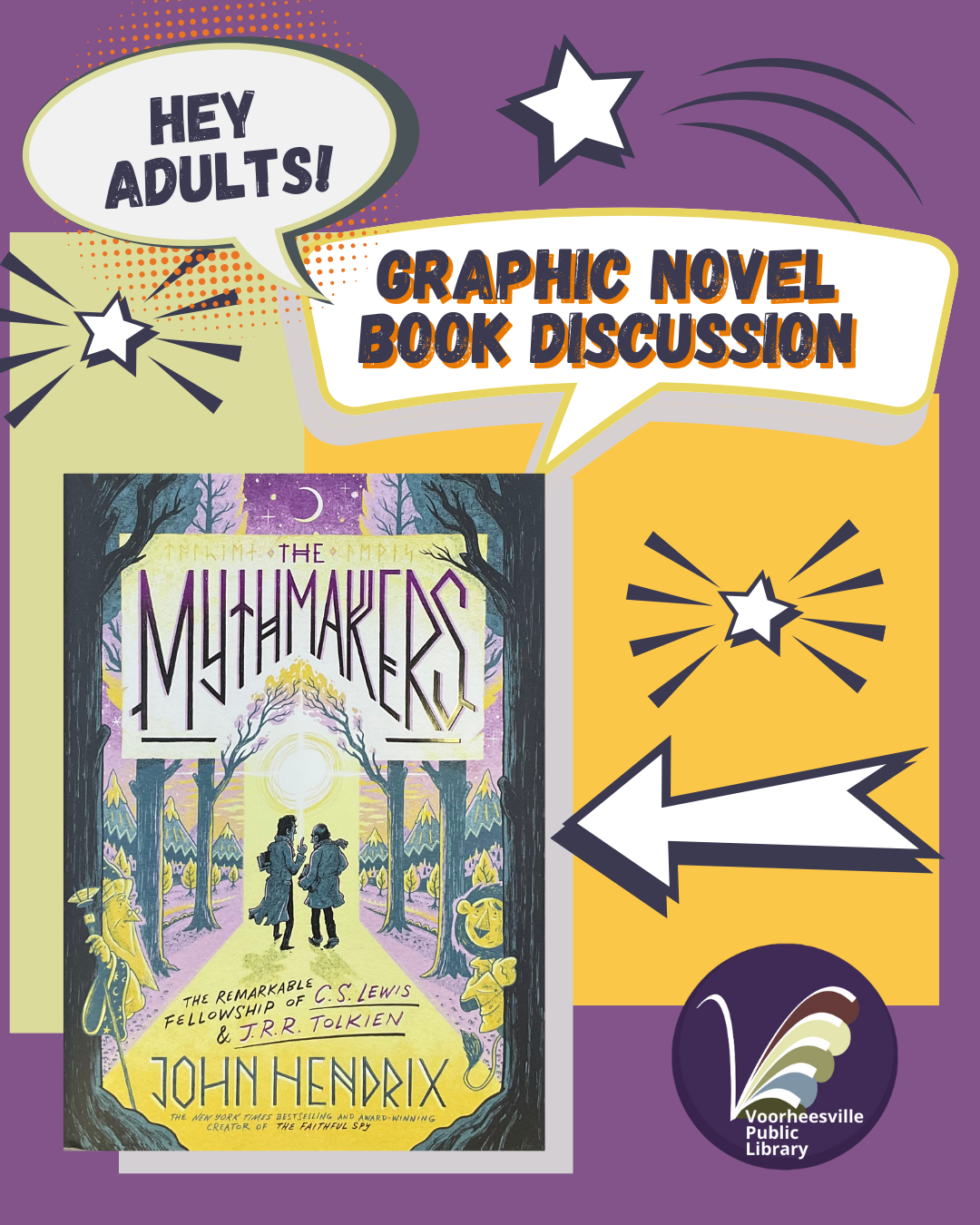 Purple background with cartoon arrow pointing to the book cover