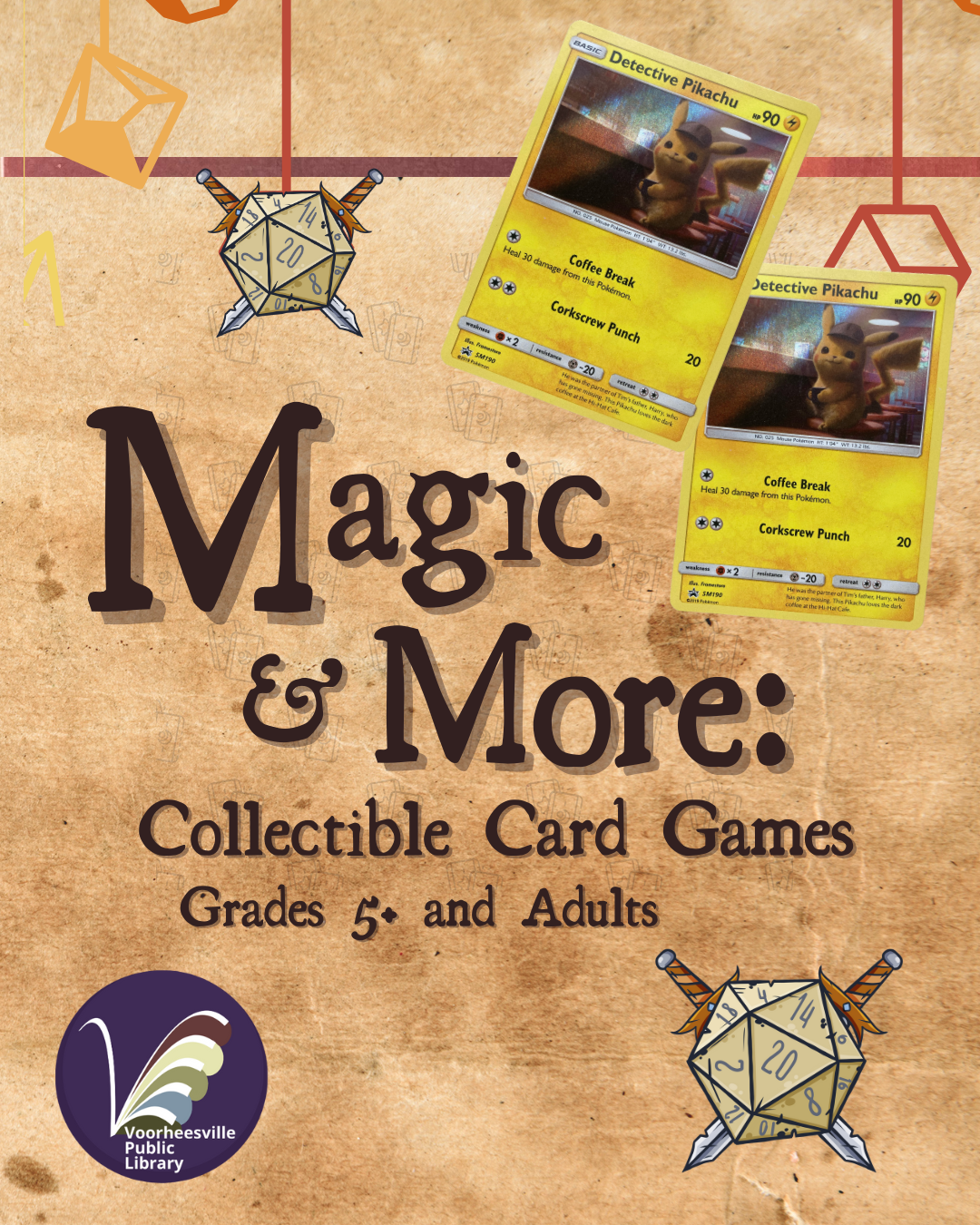 Aged paper background with antiqued words saying, Magic and More Collectible Card Games