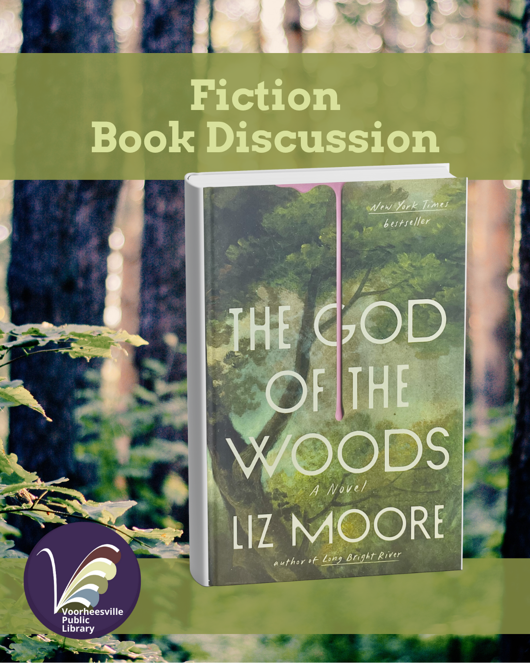 Woods in the background and on the book cover
