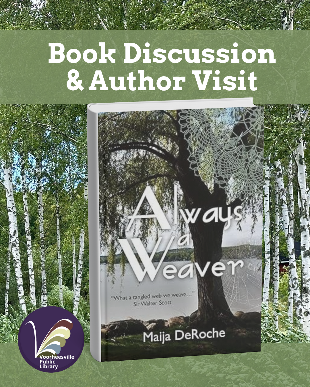 Birch trees in the background of the book cover with a lake scene.