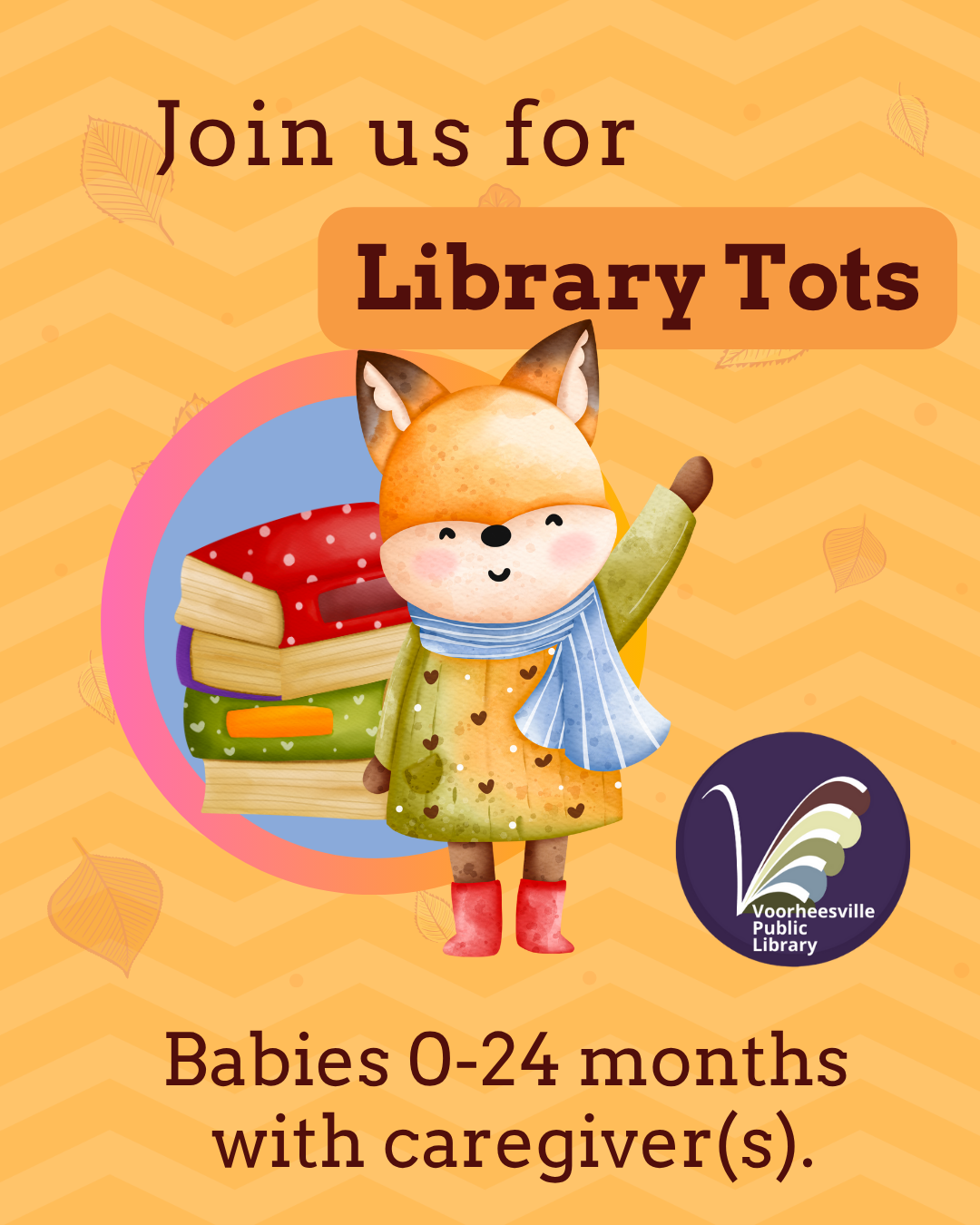 Cute fox waving at you to invite you to Preschool Storytime