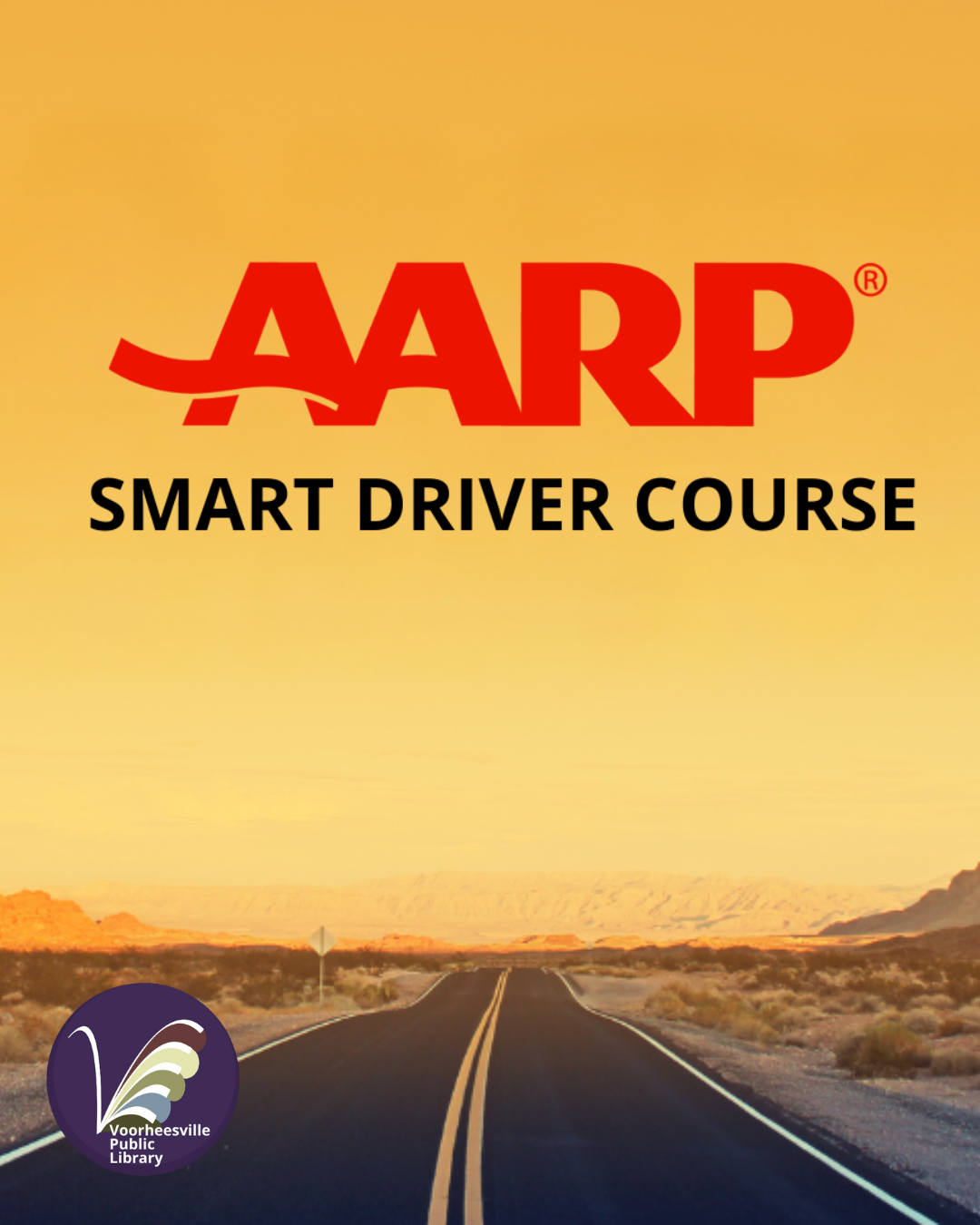 Highway going off into a golden sunset with the AARP logo in red