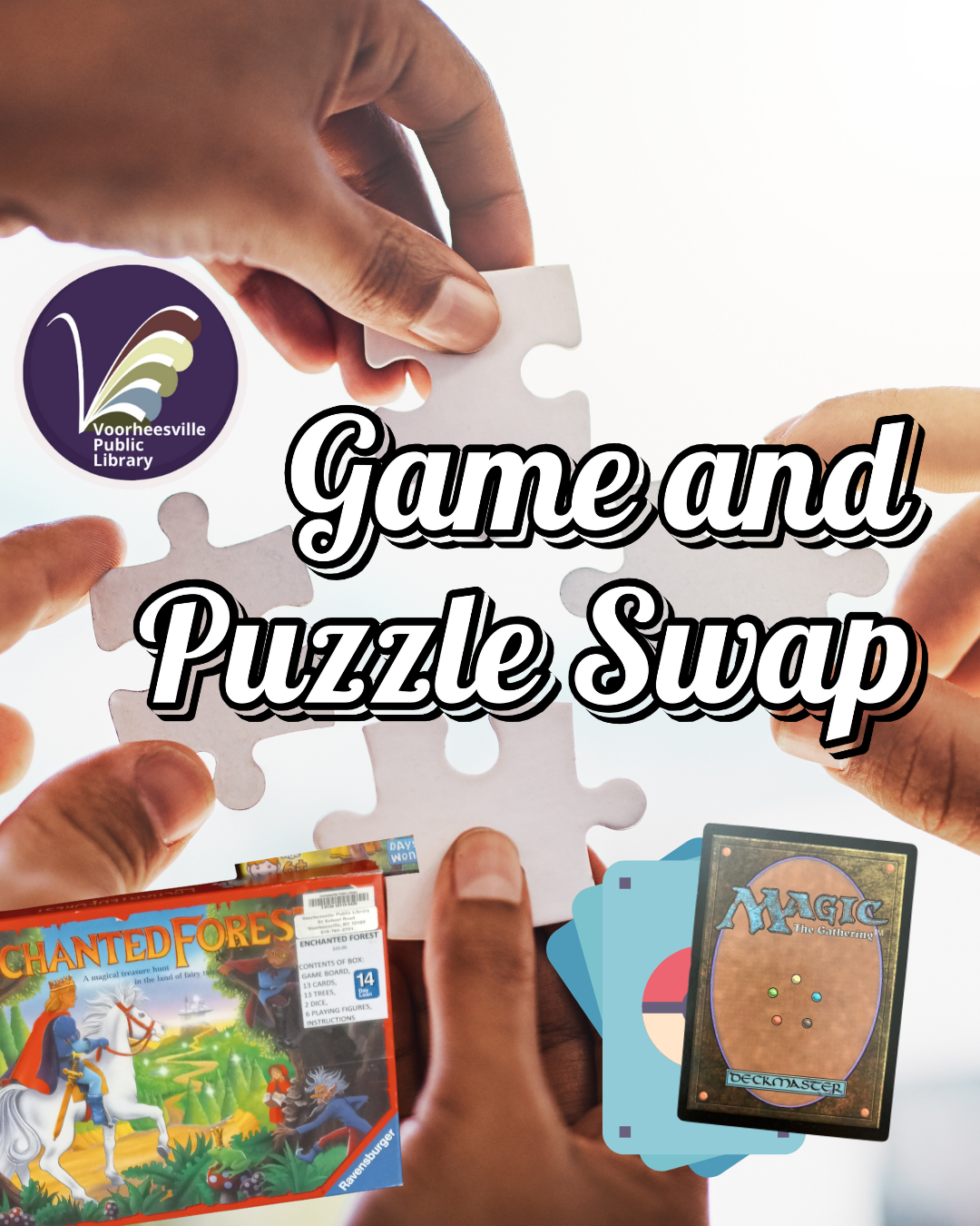 Game and Puzzle Swap with puzzle pieces and game cards