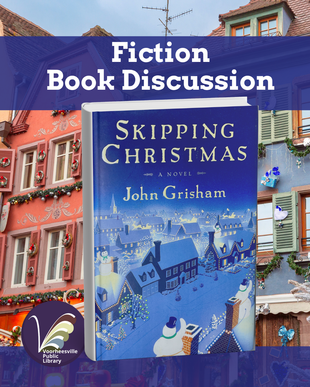 Skipping Christmas book cover with a snowny town and decorated homes
