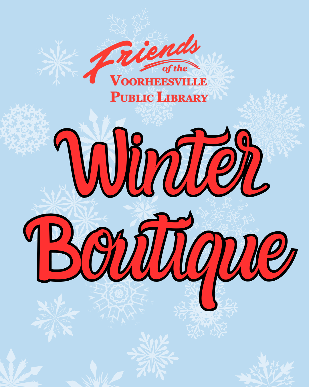 Friends Winter Boutique with light blue and snowy background