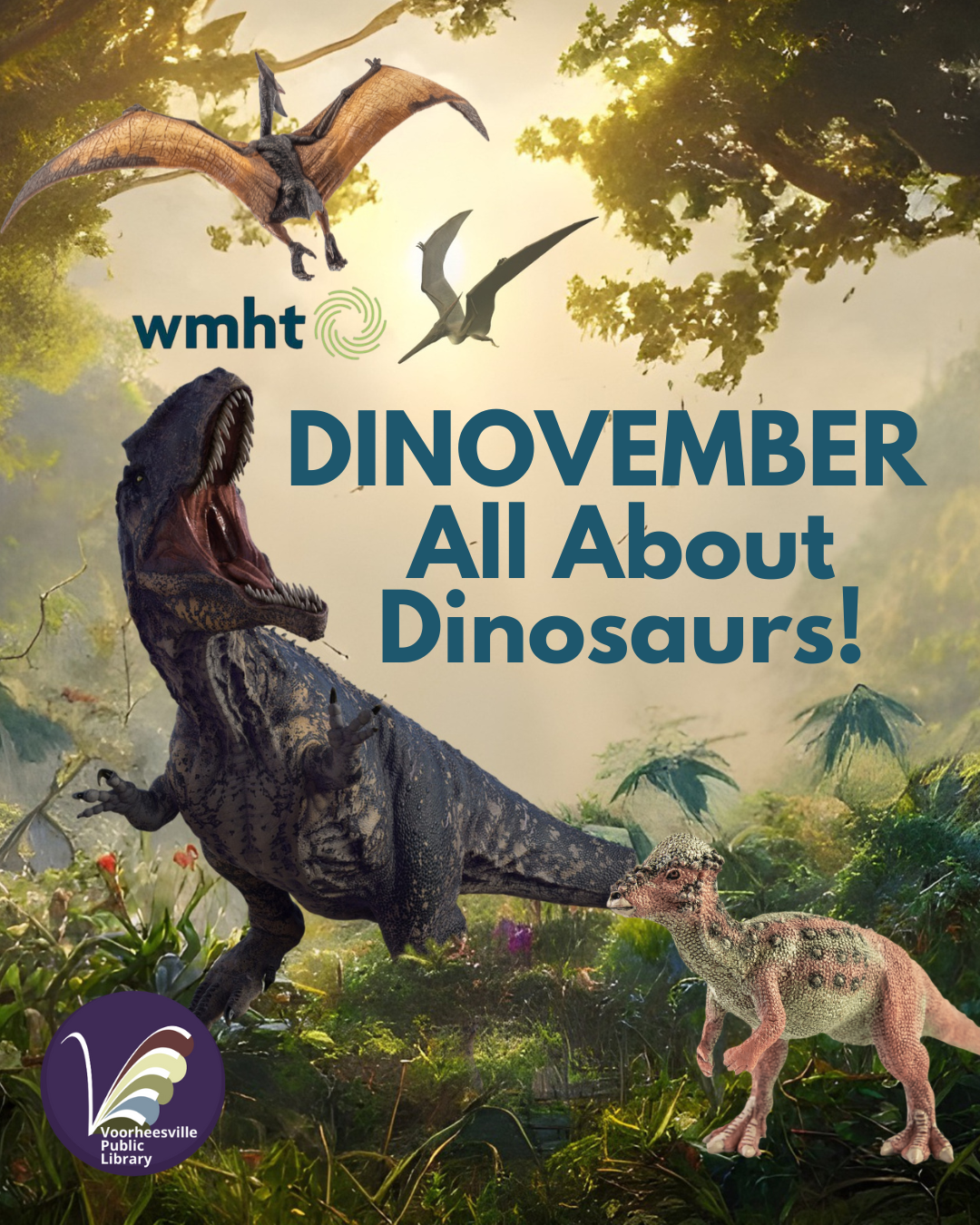 Big and small dinosaurs in a prehistoric scene