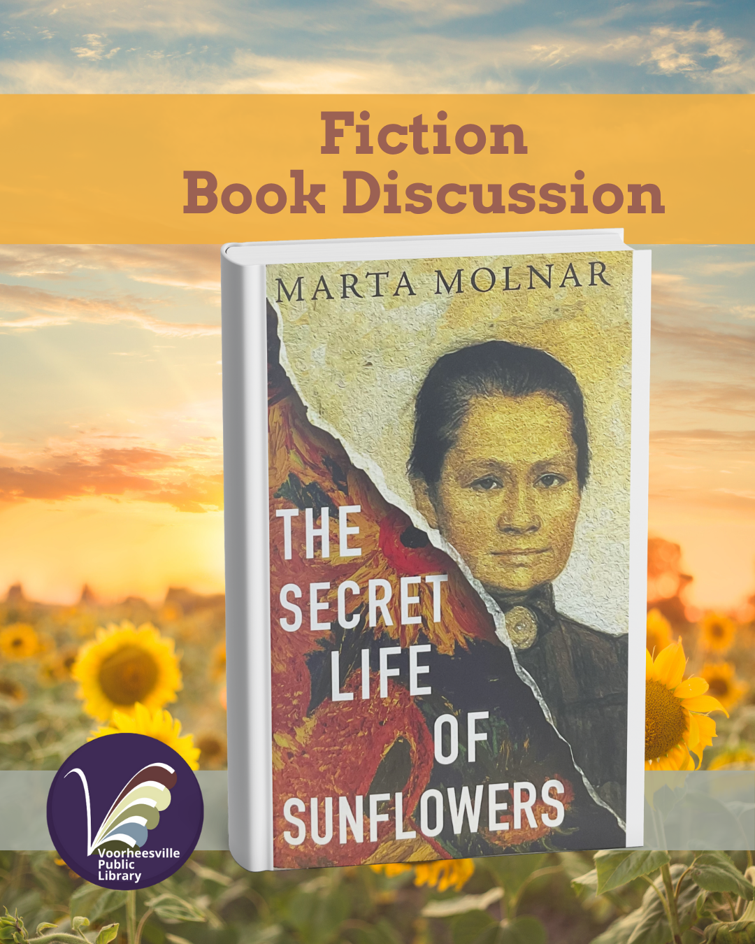 Book cover for the Secret Lives of Sunflowers with a sunflower field at sunset in the background.
