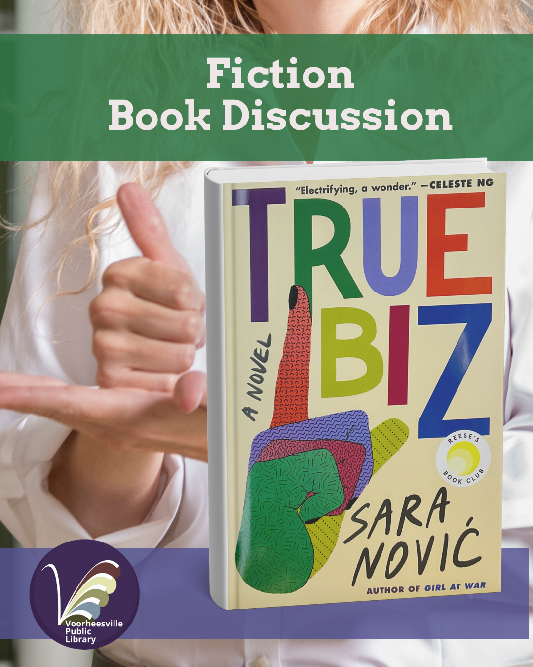 Two hands with ASL words for the book cover and background.