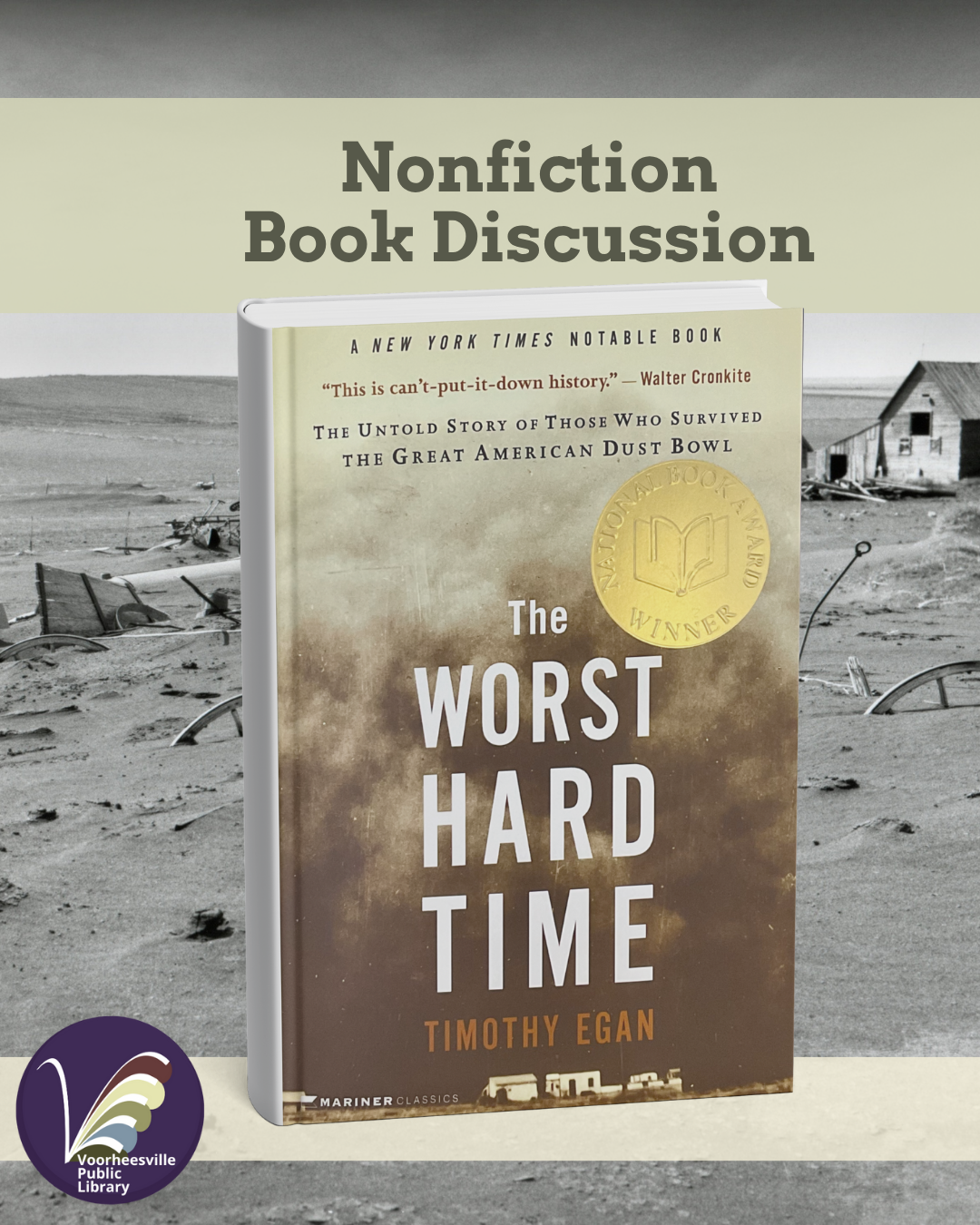Black and white photo of the dust bowl devastation with the cover of the book in the foreground